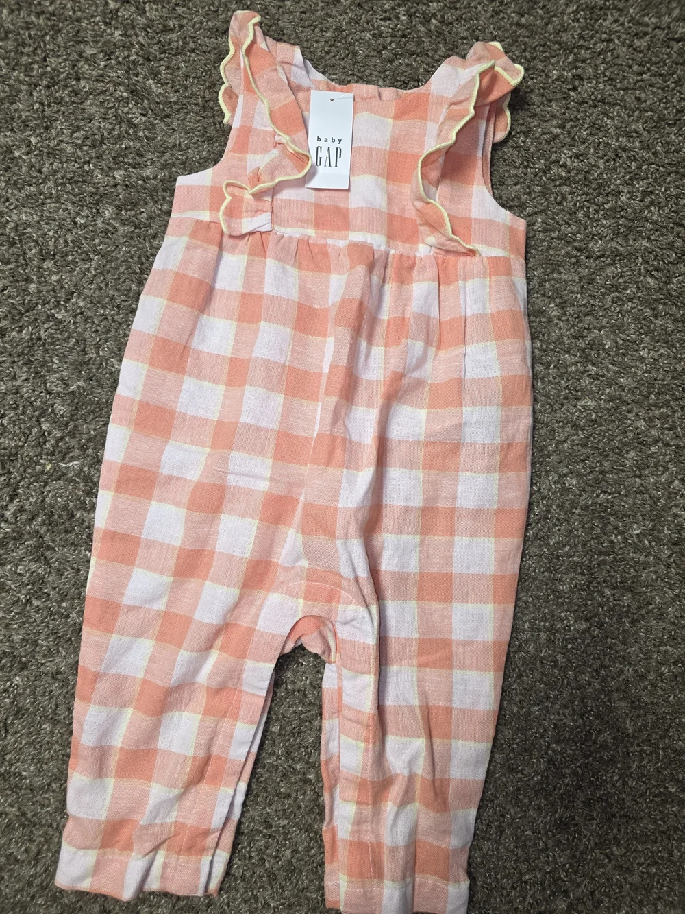 GAP Peach and White Gingham Ruffle Strap Romper
